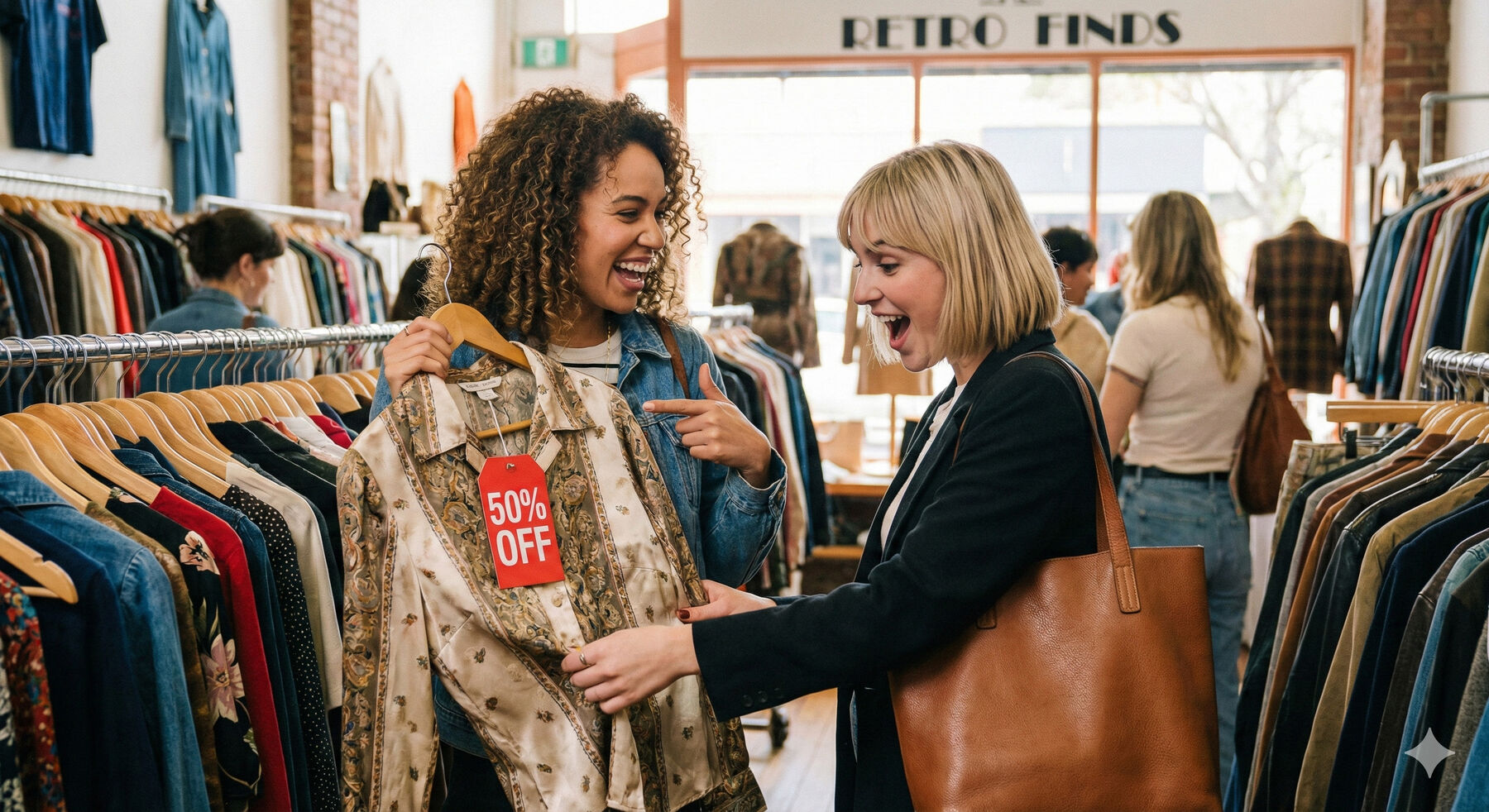 Two friends, finding a bargin at Hempstead Valley Shopping Centre.
