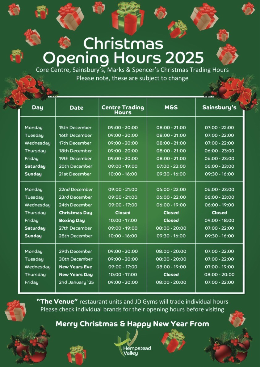 Christmas & New Year Opening Hours at Hempstead Valley